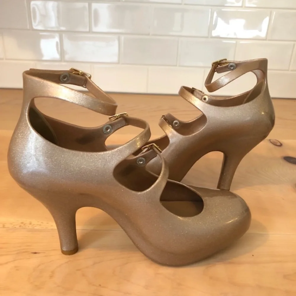 RARE Vivienne Westwood Gold Glitter High Heels Triple Strap size 9 - Picture 3 of 10